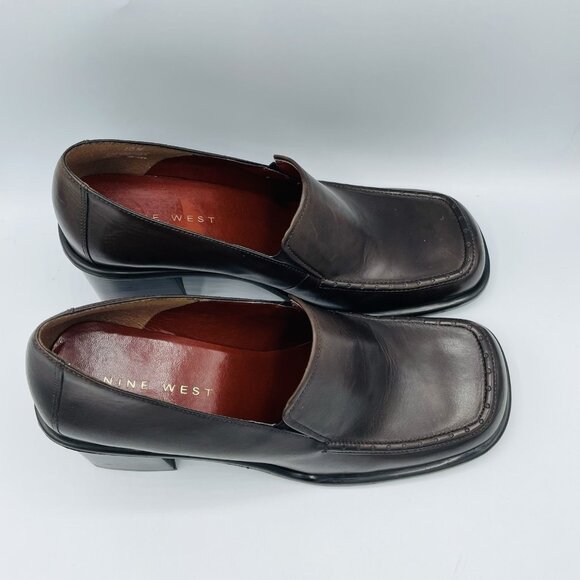 Nine West Shoes Womens Size 10 M Brown Leather Kinetic Chunky Heels Y2K Square - Picture 3 of 11
